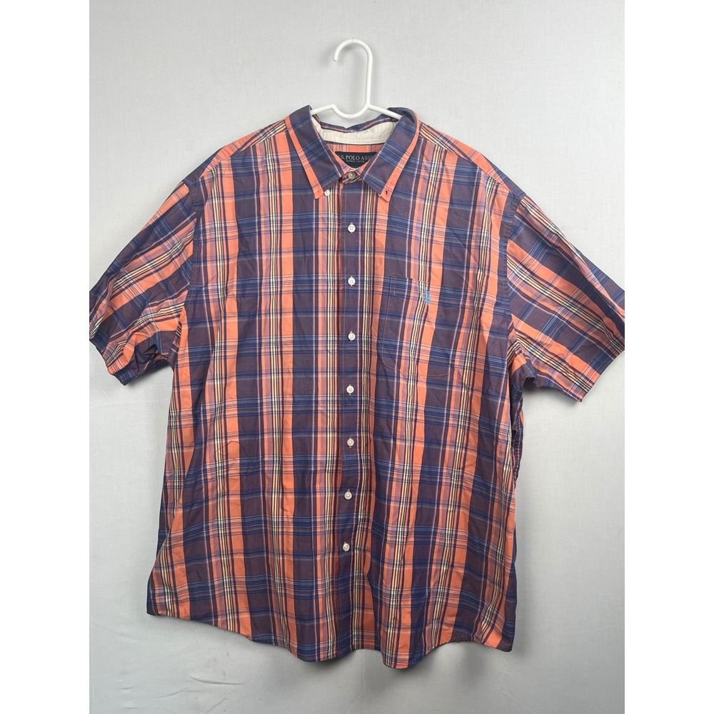 U.S. Polo Assn. Mens Plaid Short Sleeve Button Down Shirt Orange Purple Size 2XL